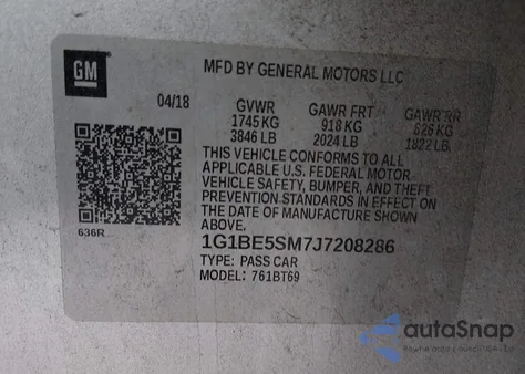 2018 Chevrolet Cruze Lt Auto z USA, uszkodzony, nr VIN 1G1BE5SM7J7208286